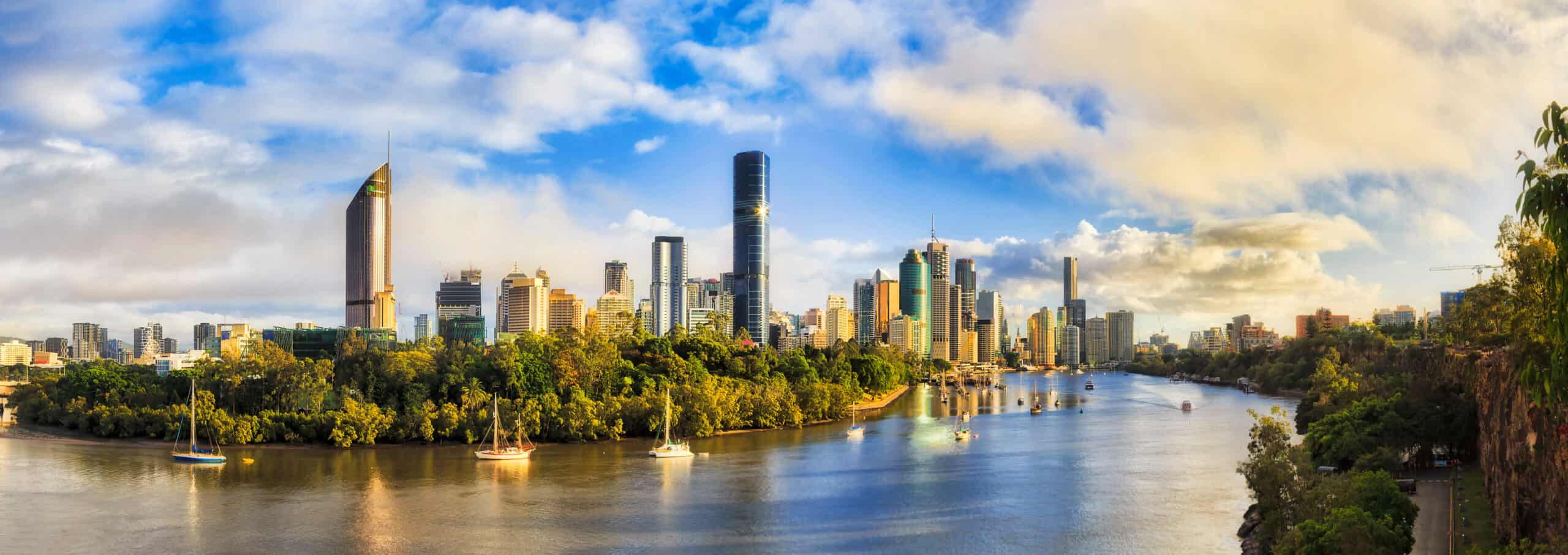 Elevated panorama of Brisbane City CBD surrounded by the river